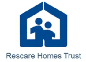 Logo of rescare homes trust featuring a simplified graphic of a house with two stylized figures inside.