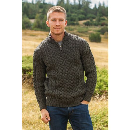Original Aran Company | Men's 1/4 Zip Honeycomb Sweater 2507a- Slate