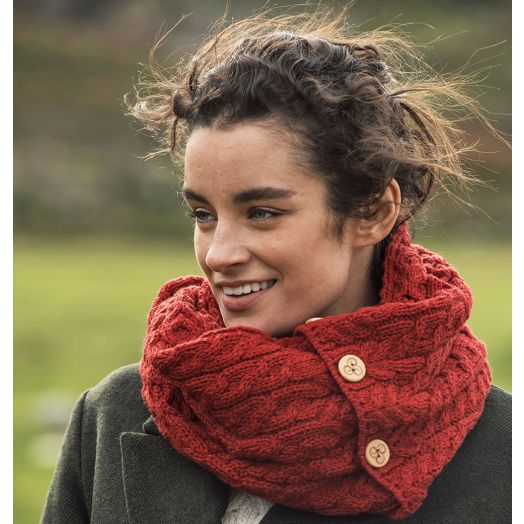 Aran Woollen Mills |  Snood Scarf with Buttons | A518 - Autumn Leaves Orange
