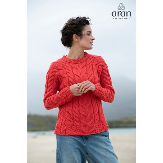 Aran Woollen Mills| Super Soft Cable Knit Raglan Sweater | Merino Wool | Coral | B951