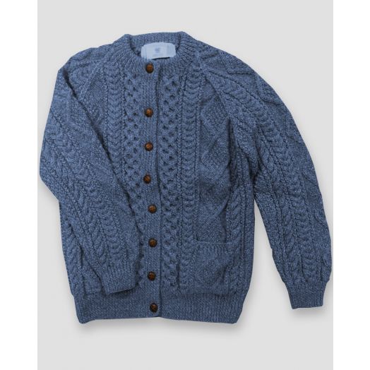Front image of a denim-coloured traditional Aran sweater made from 100% Irish wool