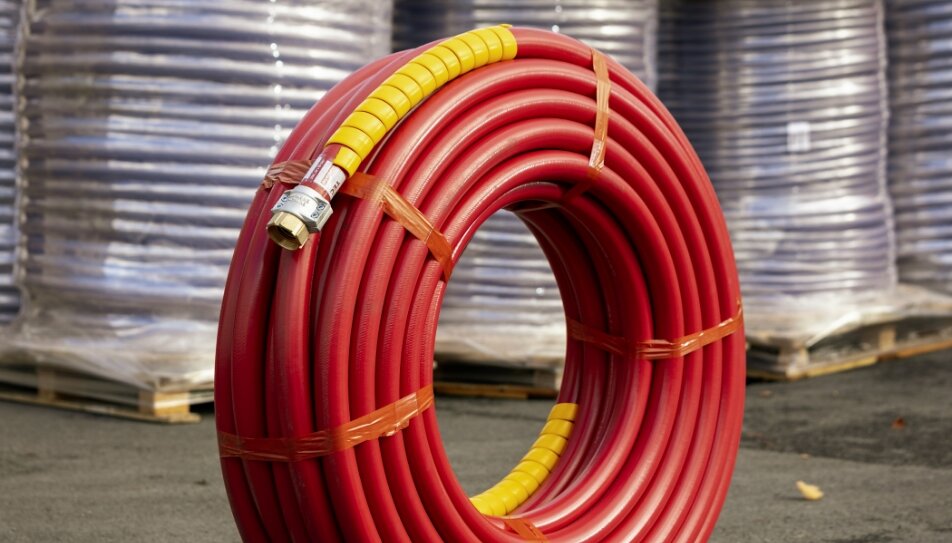 An industrial hose fitting, with a red and yellow hose, laying on a pallet.