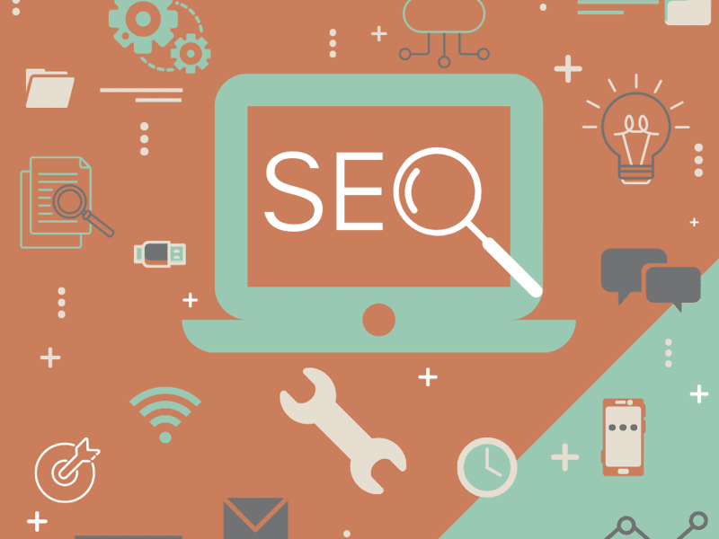 The letters SEO inside a computer screen with symbols of search engine optimization around it.