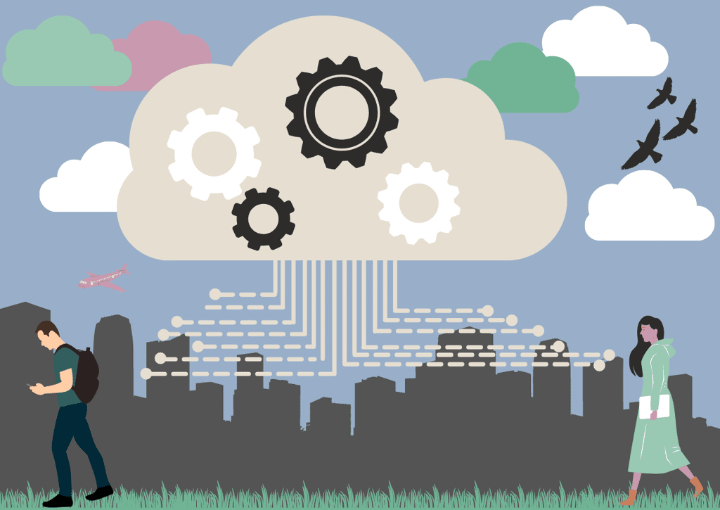 illustrated scene of a man and woman walking with the cloud and its connectivity represented above them.