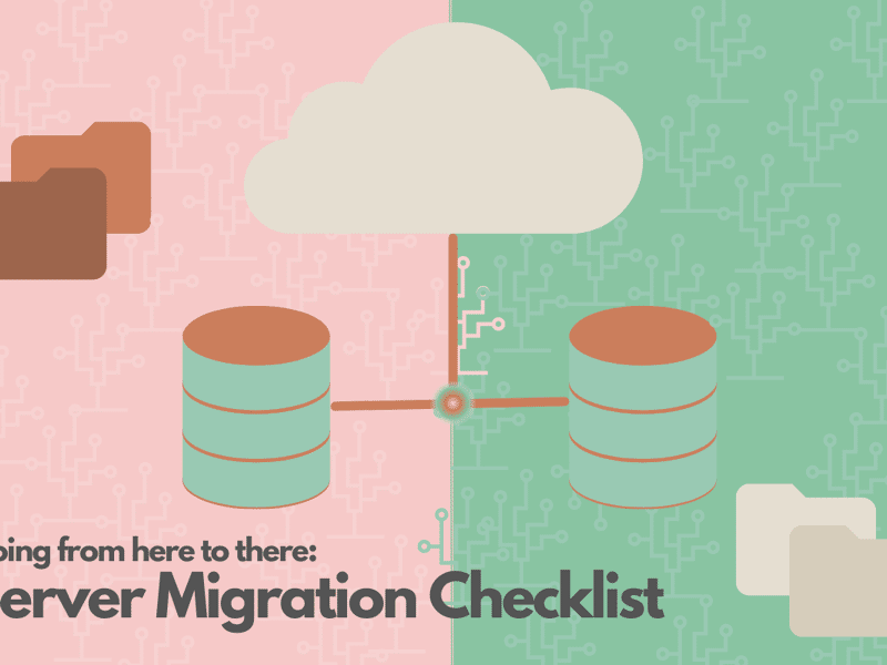 server migration illustration in green, brown and pink with data servers, file folders and the cloud