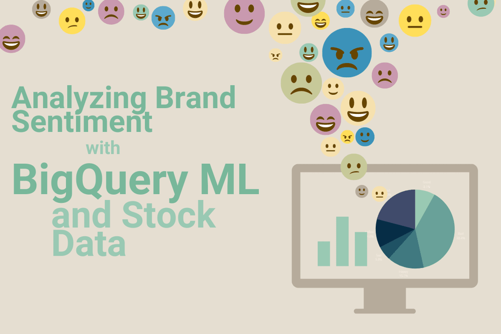 Graphic with words "Analyzing Brand Sentiment with BigQuery ML and Stock Data" plus dozens of multi-colored emoji faces expressing anger, happiness, uncertainty, sadness, joy, and more above a desktop computer with green and blue graphics and charts displayed