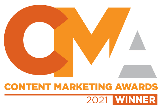 Red, orange, and gray graphic with a seal that says, "Content Marketing Awards 2021 Winner"