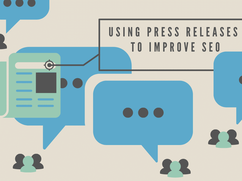 Graphic illustrating how to use press releases to improve SEO; voice boxes and people talking in blue and green and dark gray
